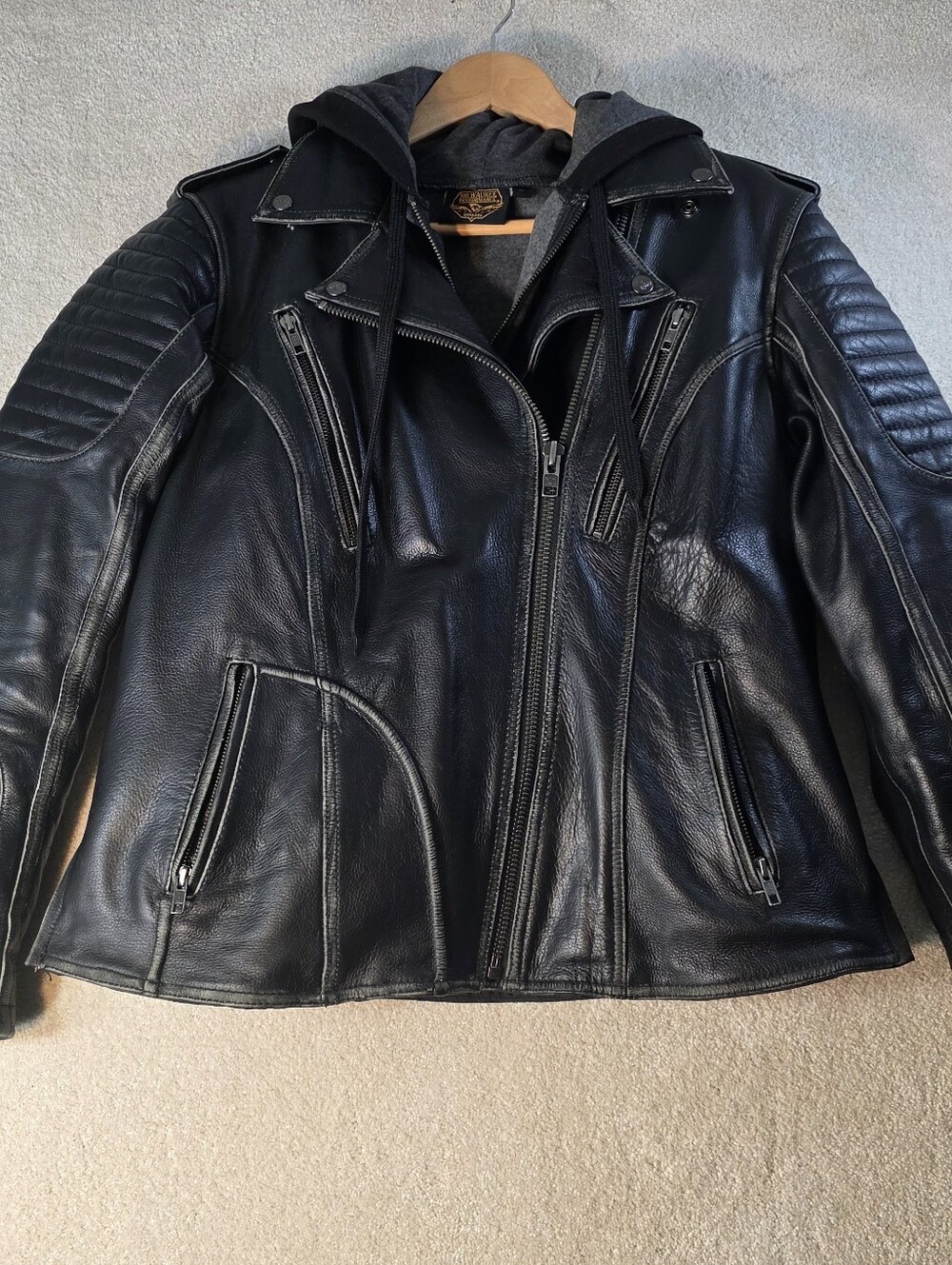 Milwaukee Leather Black Rub-Off Jacket W/Hoodie Distressed Riding Moto Womens L